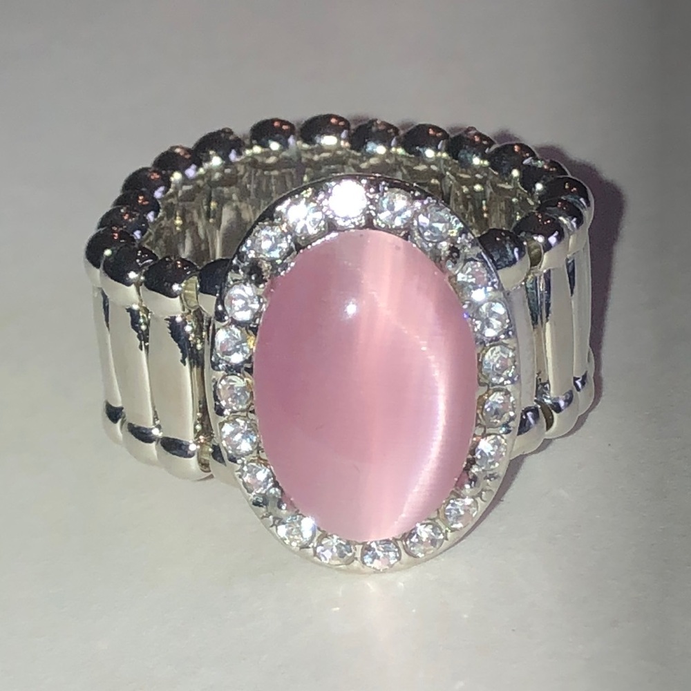 Silver Tone Ring with Pink Cat's Eye Center and Crystal Halo